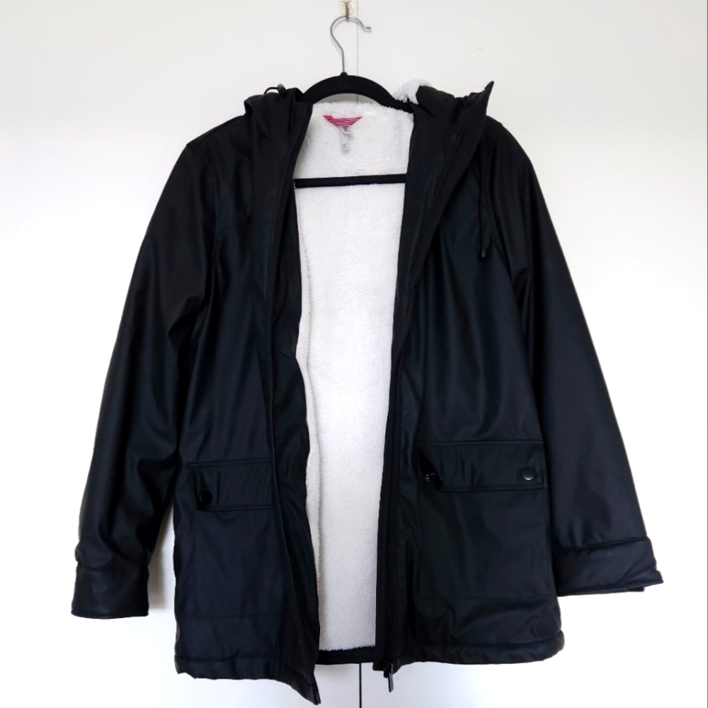 Relaxed Fit Black Hard Shell Hoodie Raincoat - Water Resistant, Soft Lining